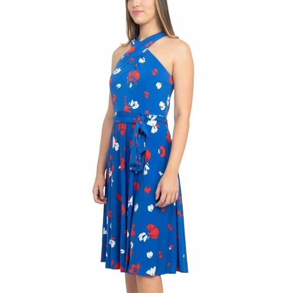 NEW TAHARI BY ASL crossed neck print jersey dress in blue multi - Picture 3 of 5